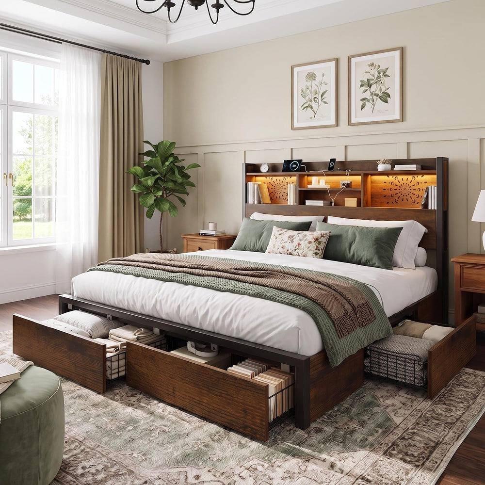 Belffin Queen Bed Frame with 6 Storage Drawers and Carving Headboard
