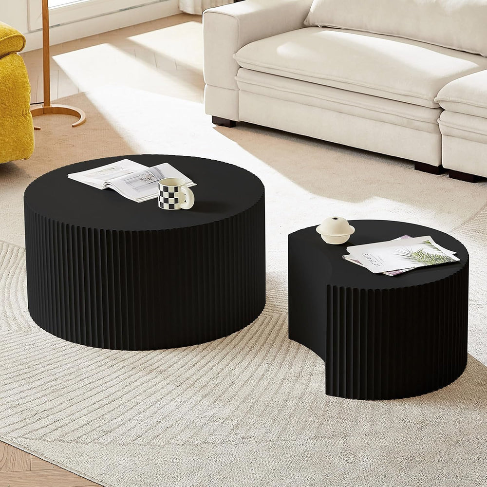JUSTONE Nesting Coffee Table Set of 2, Modern Matte Black Round Drum Side Tab...