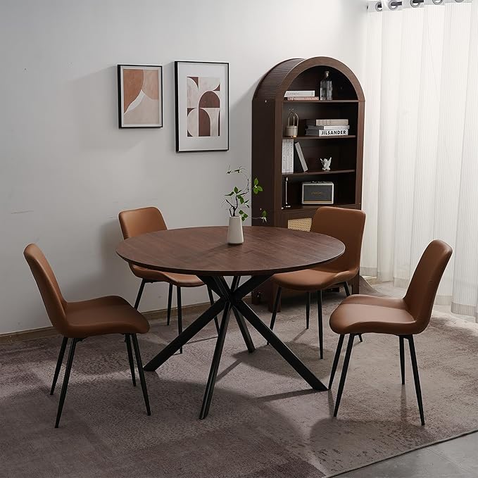 47.2" 5-Piece Round Dining Table Set for 4, Modern Wood Dining Table with 4 Upholstered Chairs, Kitchen & Dining Room Table Set with Metal Base for Apartment, Small Space, Walnut Table+4 Brown Chairs