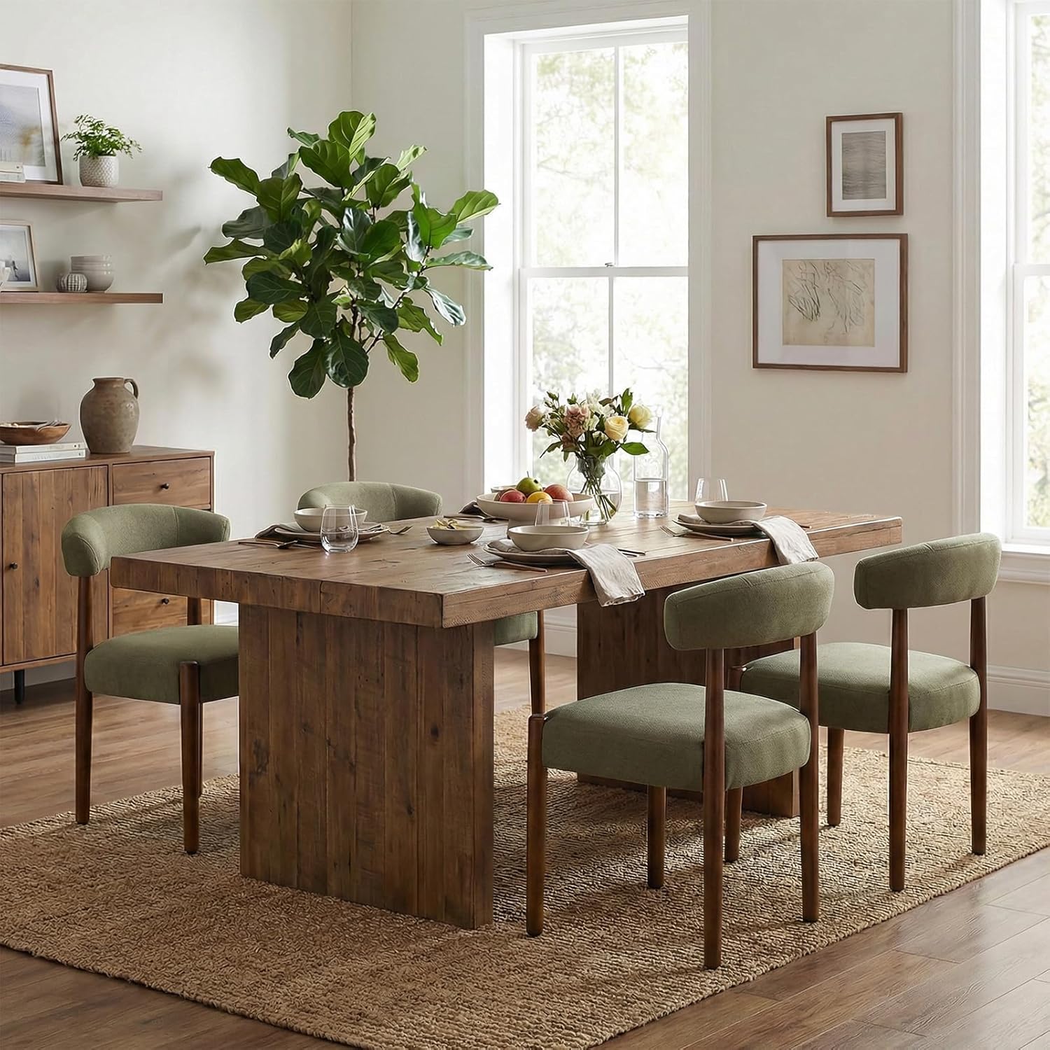 VKNOW Wooden Dining Chairs Set of 4, Modern Upholstered Dining Room Chairs with Walnut Wood Legs and Curved Backrest, Fabric Kitchen Chairs for Farmhouse/Living Room/Dining Room, Green