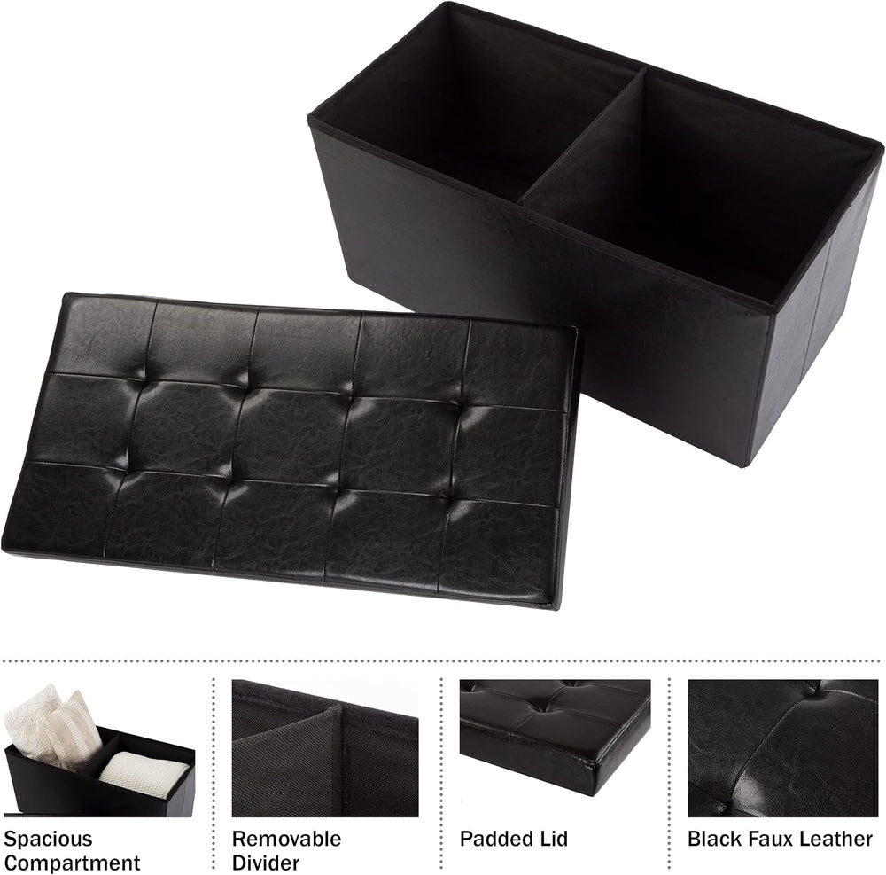 Lavish Home Storage Ottoman - 30-Inch Folding Faux Leather Footrest, Linen Ch...