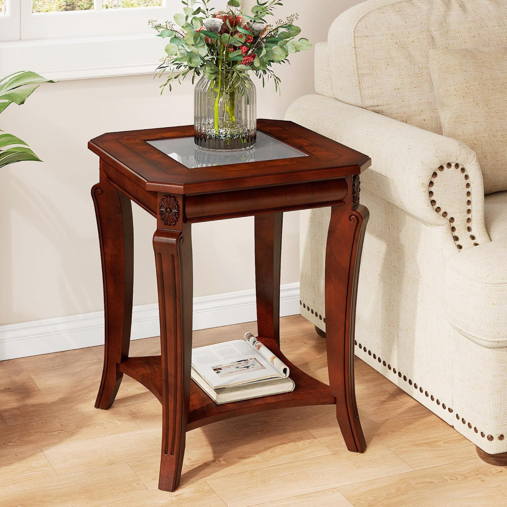 PADMA HOUSE Traditional Wood End Table with Glasstop and Curved Legs, Square ...