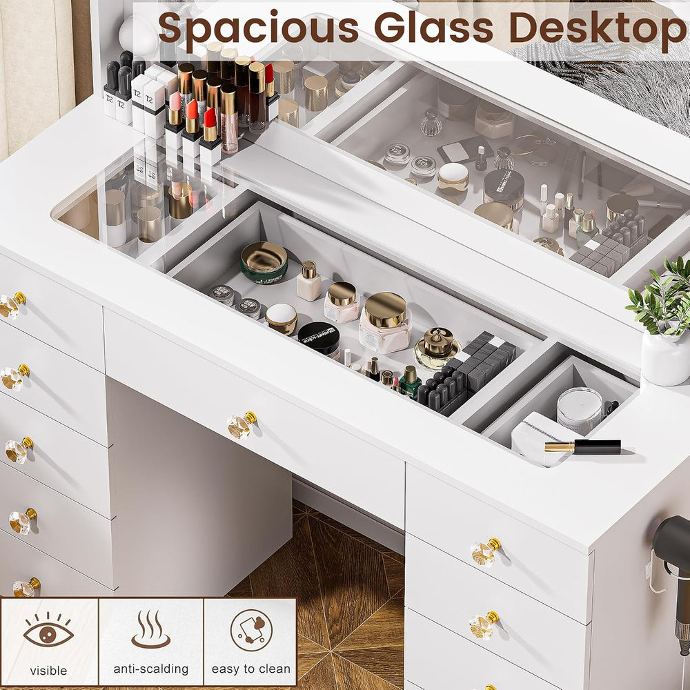 DINGIPP Vanity with Large Mirror and 10 LED Lights, Vanity Desk with Glasstop...