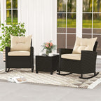 Tangkula 3 Piece Wicker Outdoor Rocking Chairs Set (Beige) | Tempered Glass Table & Thickened Soft Cushions | Easy Maintenance | Long-Lasting for Porch Garden Patio Backyard Poolside