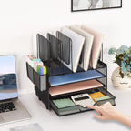 Desk Organizers and Accessories, 3-Tier Paper Organizer with 5 Vertical File Holders, File Organizer for Desk (Black With Drawer, 3T With Drawer)