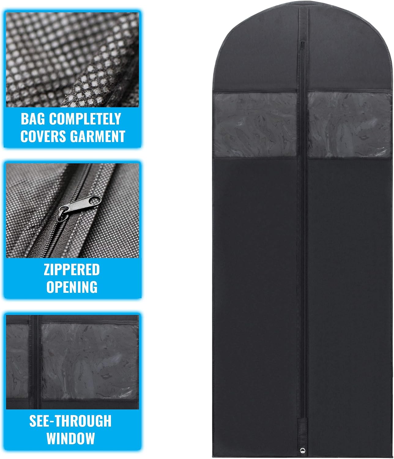 Plixio 60” Black Garment Bags for Hanging Clothes, Men Suit Bag for Travel and Clothing Closet Storage of Women Dress, Shirts, Coats, Suit Cover - Includes Zipper and Transparent Window (Pack of 6)