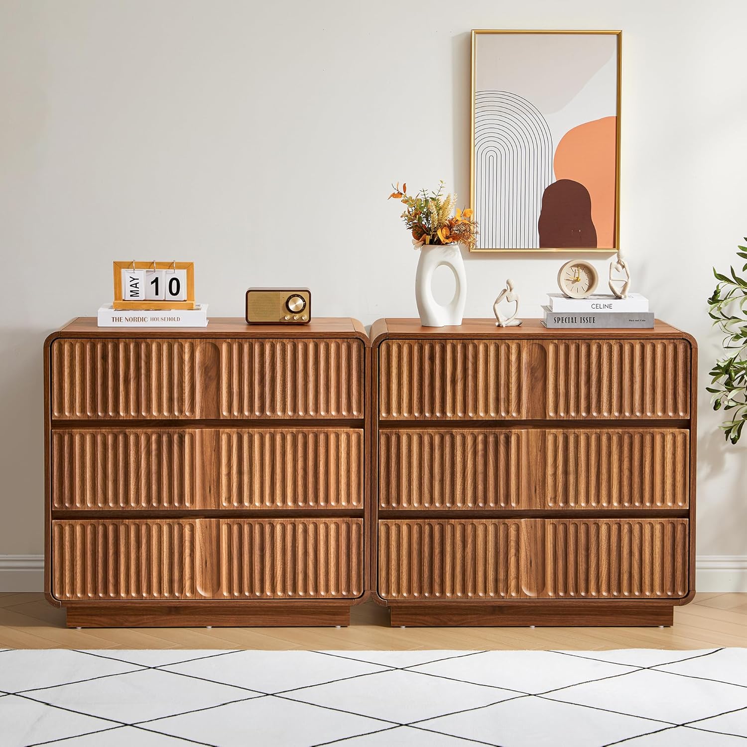 Turtle&Myrtle Fluted 3 Drawer Dressers for Bedroom, 31.5" Wide Large Mid Century Modern Nightstand W/3 Storage Drawers, Wood Dresser & Chest of Drawers with Curved Profile for Living Room (Walnut)