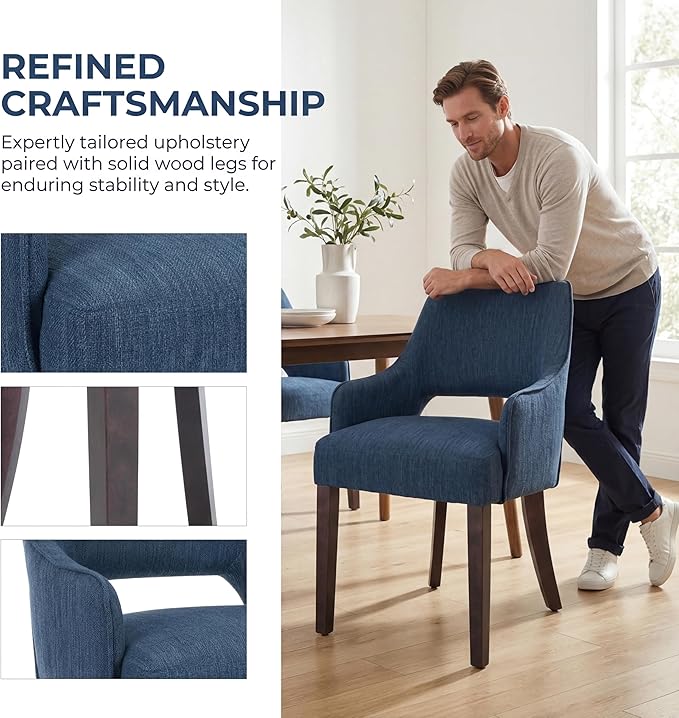 Upholstered Dining Chairs with Arms Set of 6, Linen Fabric Soft Padded Dining Room Chairs, Solid Wood Frame Accent Armchairs for Kitchen, Dining Room & Living Room, Blue