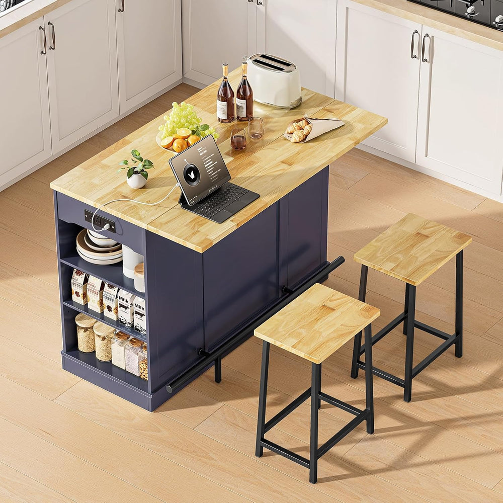 ONBRILL 47" Kitchen Island with Trash Can Storage, Include 2 Chairs, Blu...