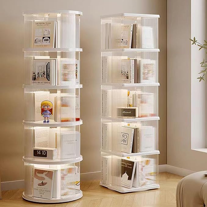 Rotating Bookshelf Tower, 360-Degree rotating bookshelves , Small-Space Corner Spinning Bookshelf , Revolving Bookcase Suitable for Bedrooms, Living Rooms, Studies and Offices (Rectangular，White）