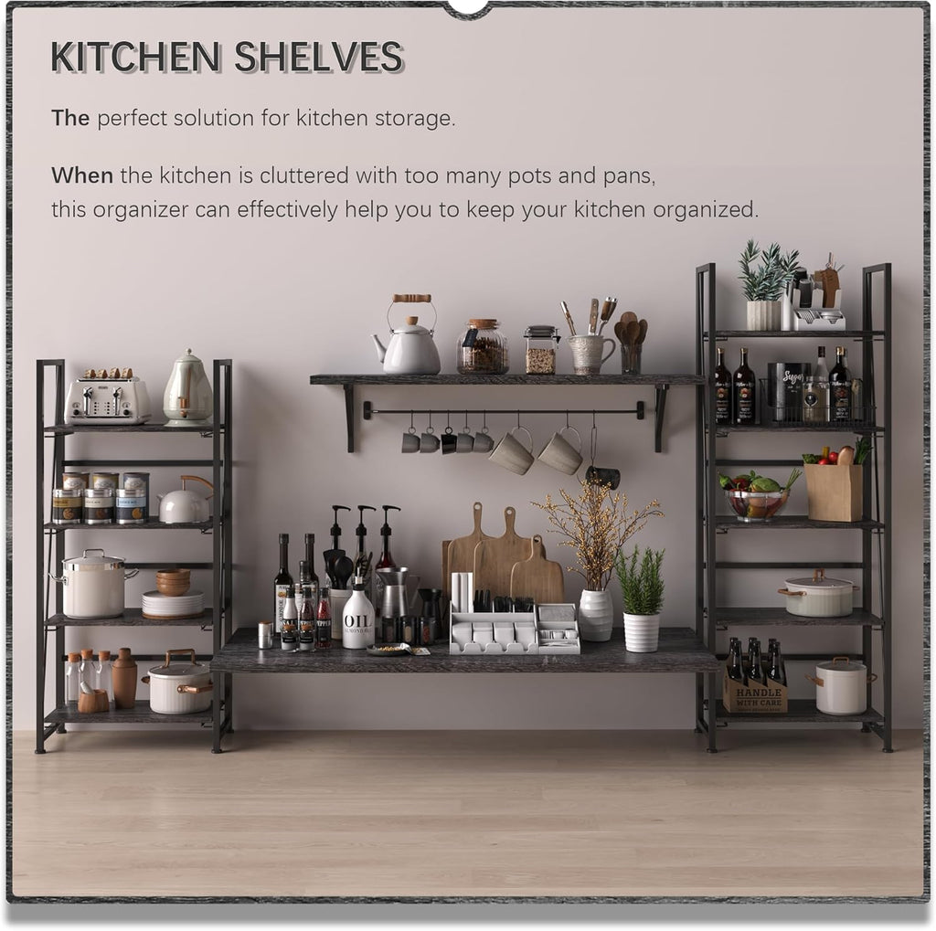 4NM No Assembly Folding Bookshelf Storage Shelves 4 Tiers Vintage Bookcase Standing Racks Study Organizer Home Office (Gray Black)