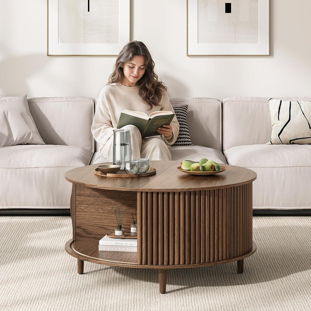 JOINICE 31.5" Round Coffee Table with Storage for Living Room, Walnut