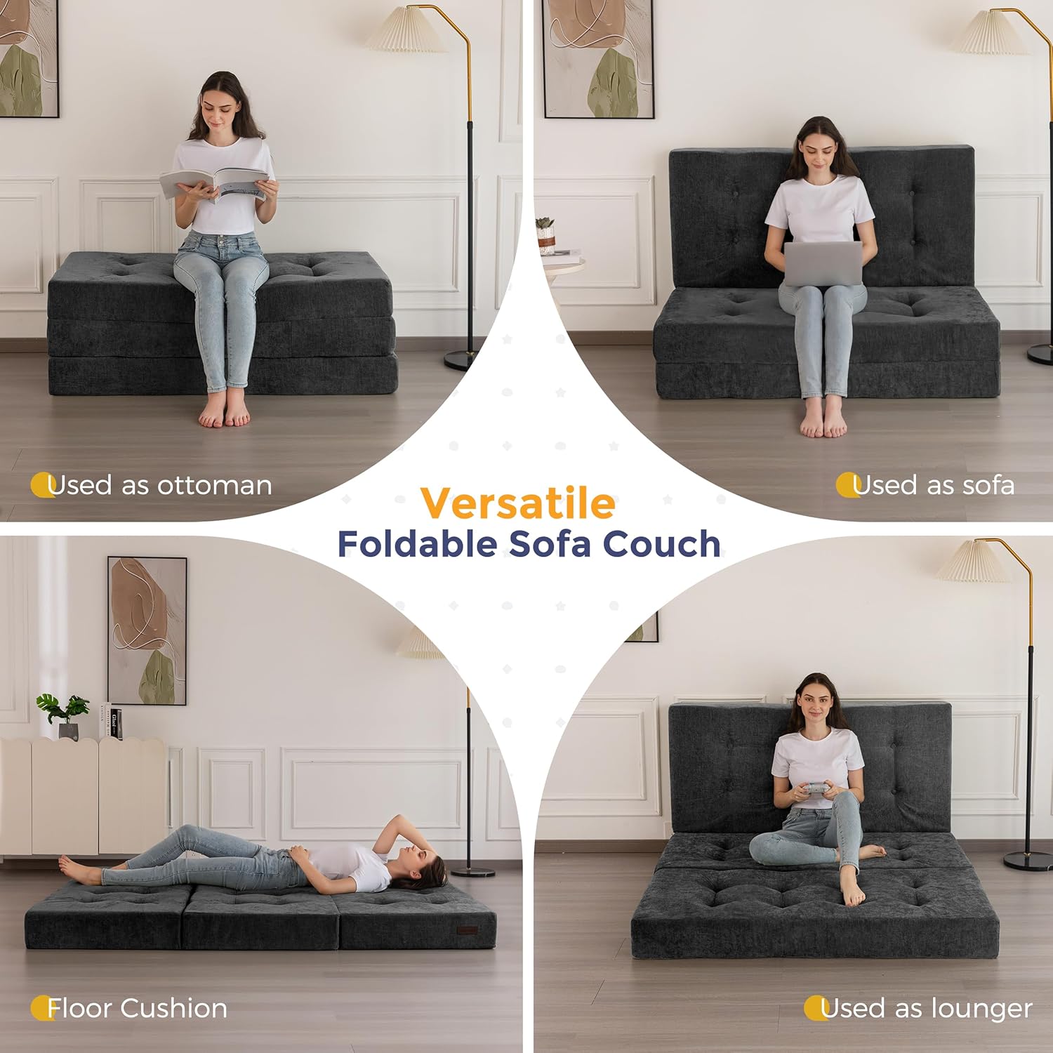 MAXYOYO 6" Folding Sofa Bed for Floor, Tufted Tri-Fold Floor Mattress with Chenille Fabric, Twin Size Portable Sofa Couch Guest Mat for Adults, Foldable Topper for Camping, Dark Grey, 35.4"x75"