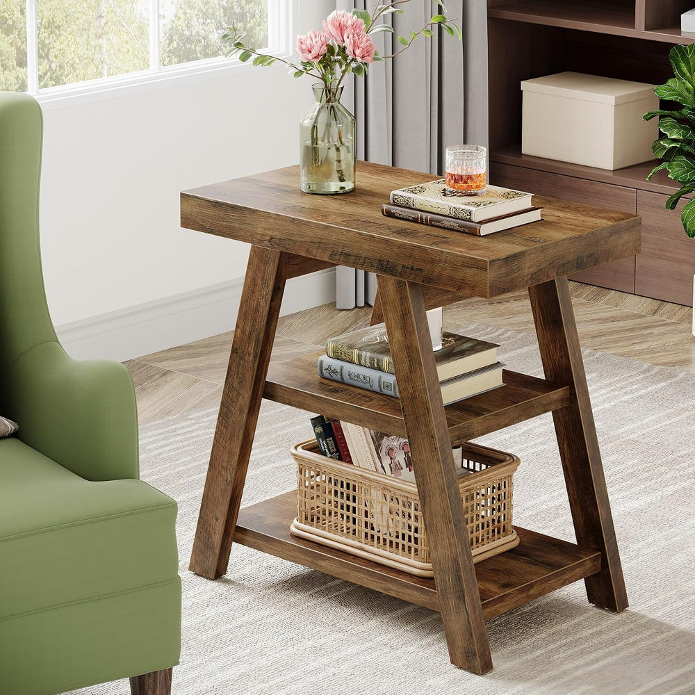 Tribesigns Farmhouse End Table, 3-Tier Wooden Sofa Side Table with Trapezoid ...
