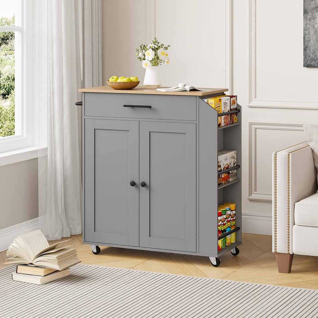 HOOBRO Kitchen Island with Power Outlet, Storage Island with Spice Rack and Drawer, Rolling Kitchen Cart on Wheels, for Home, Dining Room, Natural and Gray GN82UZD01