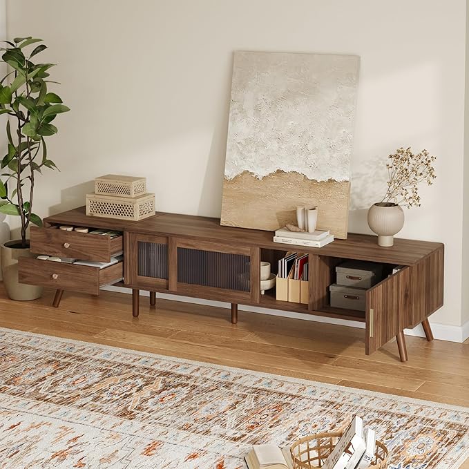 Marzzi Mid-Century Modern TV Stand for 85 inches TV, 76" Media Console with Fluted Cabinet Door, Sliding Glass Doors, and 2 Drawers, Entertainment Center with Storage, Solid Wood Legs