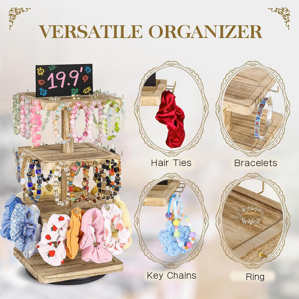 LadyRosian 3-Tier Wooden Rotating Jewelry Display Stand | Bracelet & Keychain Organizer with Advertising Board | 48 Hooks Rustic Holder for Vendor Booth & Stores (3-Tier Square Slot Display)