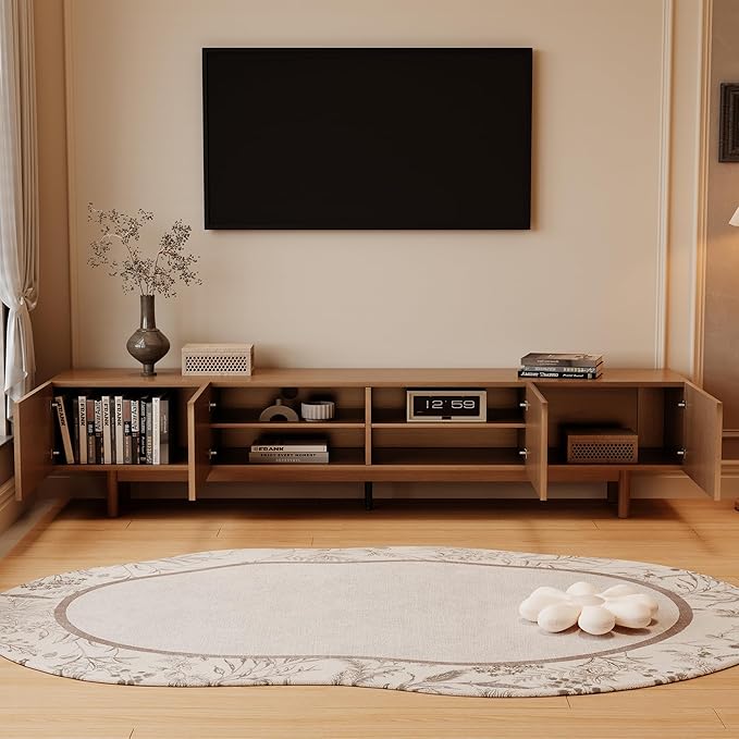 86.61" Mid-Century Modern TV Stand, Walnut Entertainment Center for TVs Up to 85", Media Console with 4 Doors & Large Storage, Sturdy Wooden Legs & Cable Management for Living Room