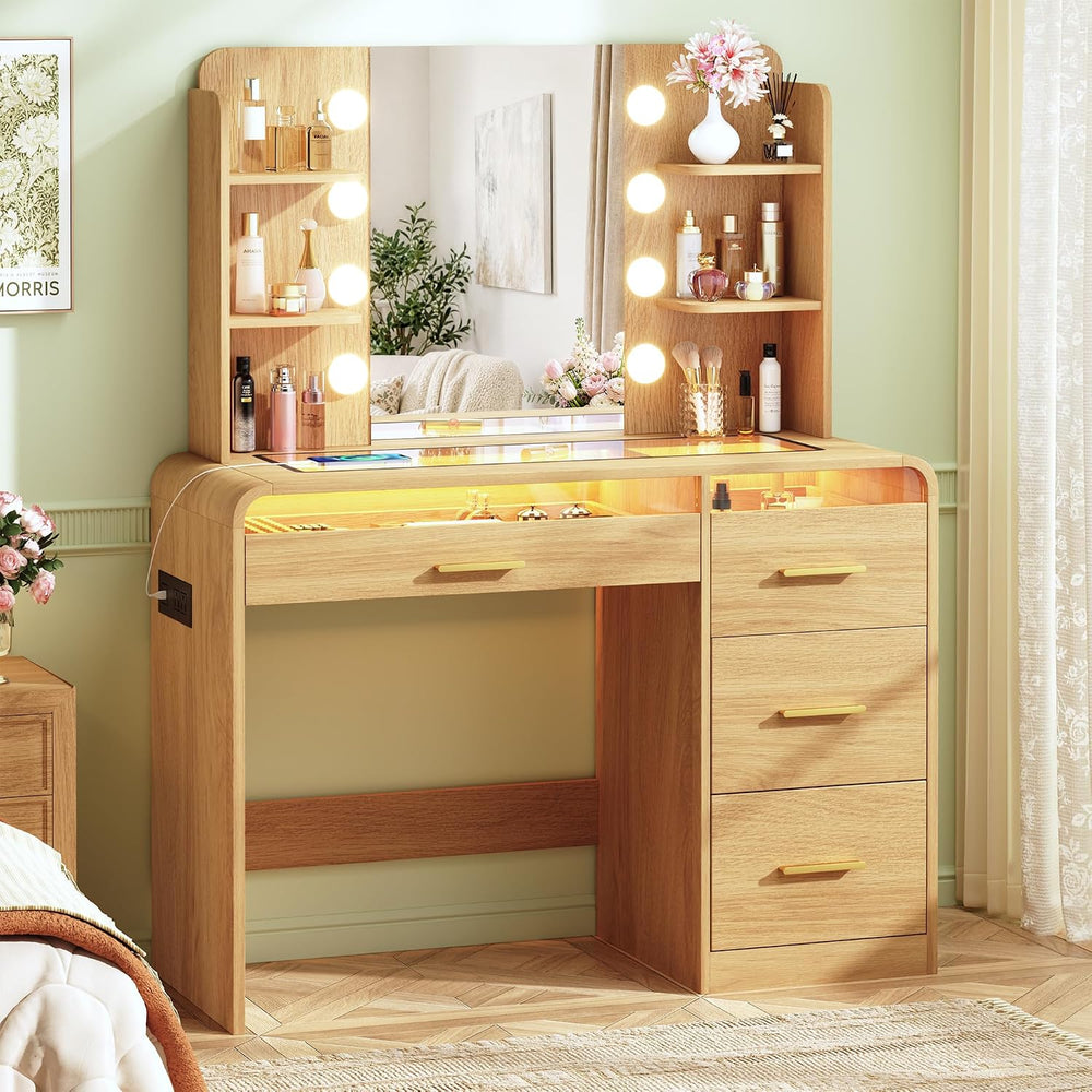 HUAHUU Vanity Desk with Mirror and Lights, Makeup Vanity with 4 Drawers, Tran...