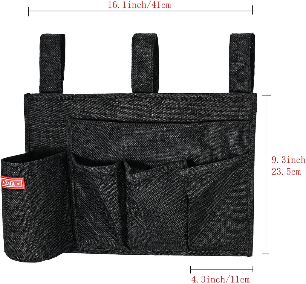Linen Bedside Caddy, Bedside Storage Organizer for Hospital Beds, College Dorm Rooms or Baby Bed (5 Pockets-Black)