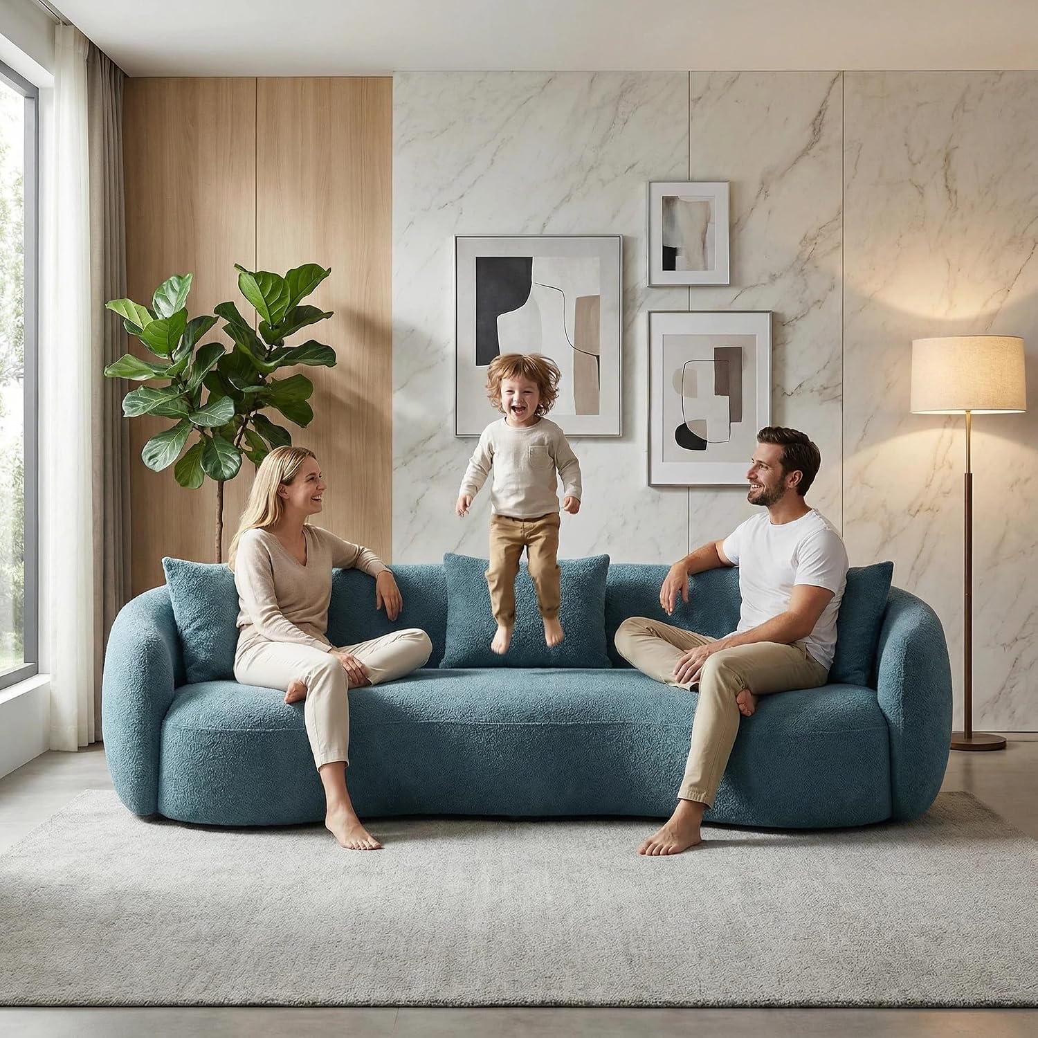 Curved Sofa, 93.6'', 4 Seater, Boucle, Modern, Blue, for Reception Place | 93.6'' Modern Boucle Curved Sofa for Living Room, Luxury Modern Comfy Curved Couch for Apartment, Reception Place