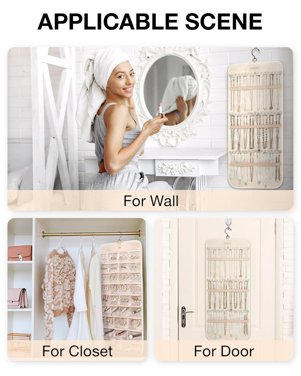 BAGSMART Hanging Jewelry Organizer Storage Roll with Hanger Metal Hooks Double-Sided Jewelry Holder for Earrings, Necklaces, Rings on Closet, Wall, Door, 1 piece, Large, Beige