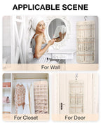 BAGSMART Hanging Jewelry Organizer Storage Roll with Hanger Metal Hooks Double-Sided Jewelry Holder for Earrings, Necklaces, Rings on Closet, Wall, Door, 1 piece, Large, Beige