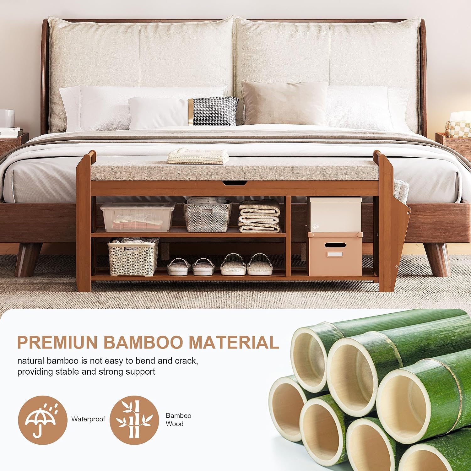 PETKABOO 39.4" Bamboo Shoe Rack Bench, 3-Tier Entryway Bench with Thick Cushion, Flip-Top & Side Storage, Holds Up to 550 LBS for Hallway, Living Room, Bedroom