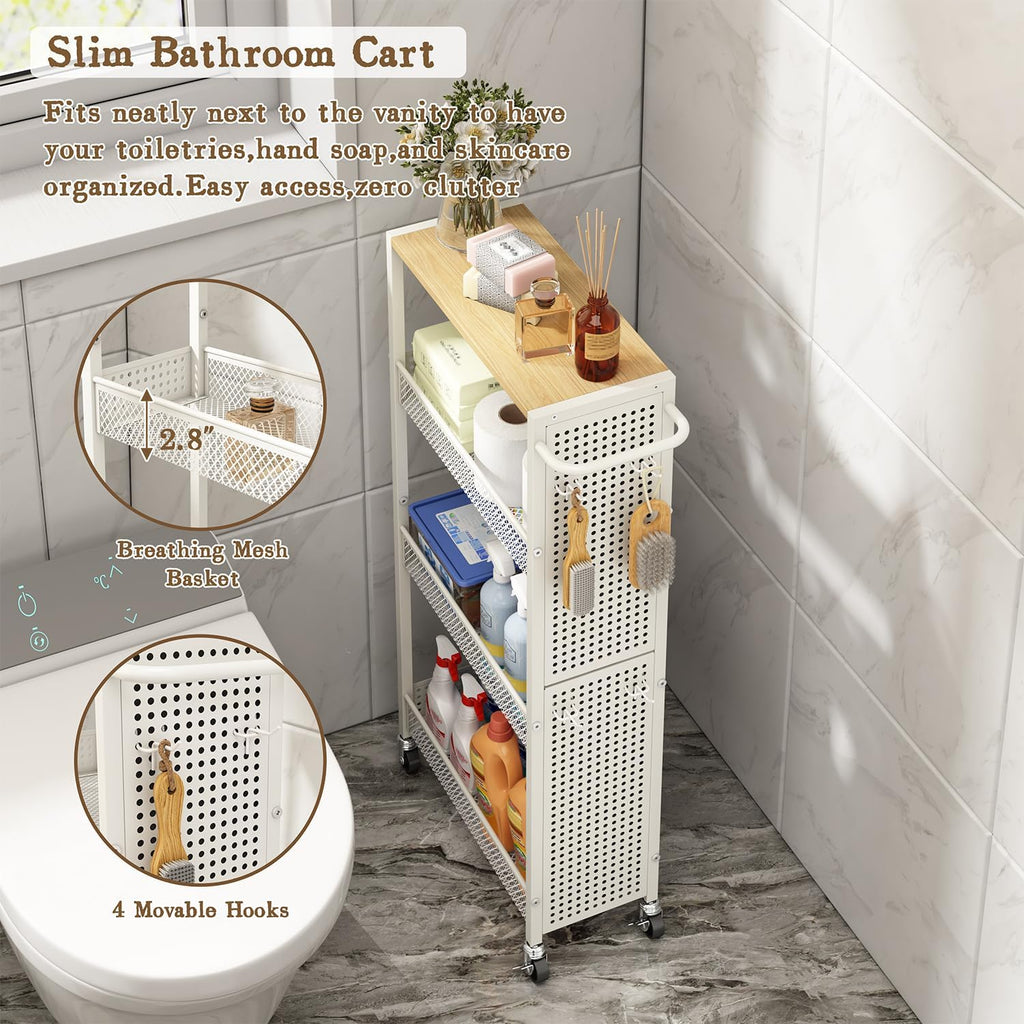 Utility Slim Storage Cart 4 Tier Small Rolling Kitchen Laundry Room Organization Cart with Wood Top Metal Narrow Laundry Room Shelves Cabinet Unit Laundry Organizer Trolley with Handle for Small space