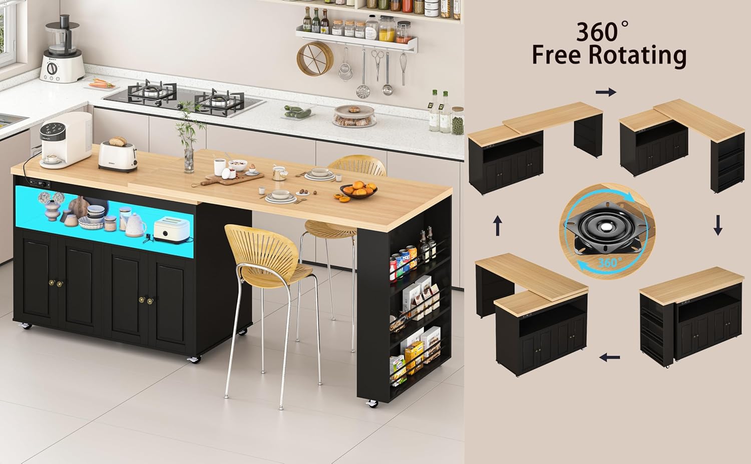 84’’ Rolling Kitchen Island with Swivel Table, Islands Cart with LED Lights, Power Outlet, Movable Storage Cabinet with Side Tabletop on Wheels, for Living Room, Home Bar, Black