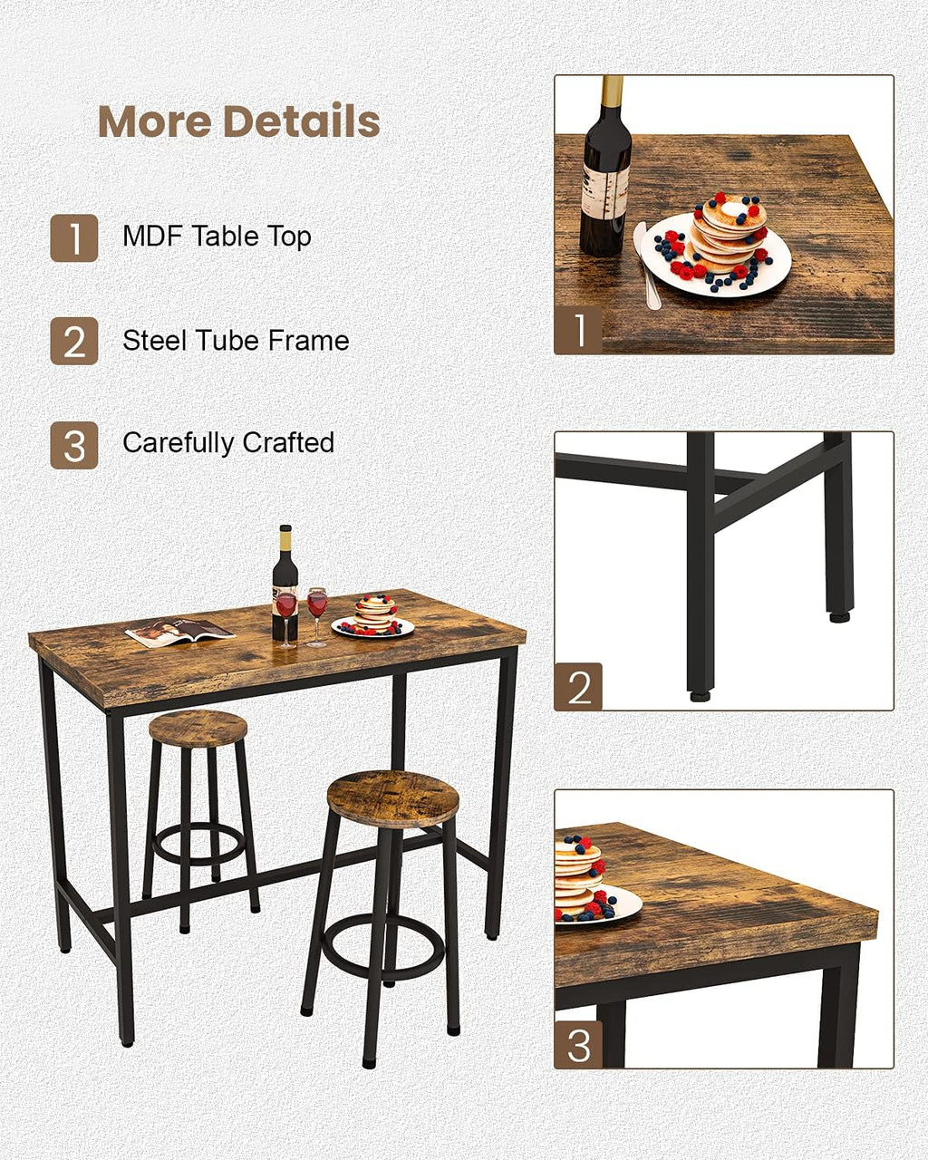 Recaceik 3 Piece Pub Dining Set, Modern bar Table and Stools for 2 Kitchen Counter Height Wood Top Bistro Easy Assemble for Breakfast Nook Living Room Small Space Restaurant, Rustic Brown 39