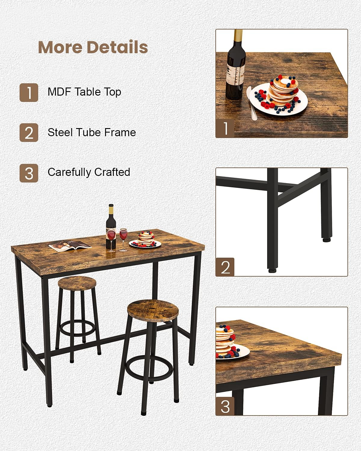 Recaceik 3 Piece Pub Dining Set, Modern bar Table and Stools for 2 Kitchen Counter Height Wood Top Bistro Easy Assemble for Breakfast Nook Living Room Small Space Restaurant, Rustic Brown 39