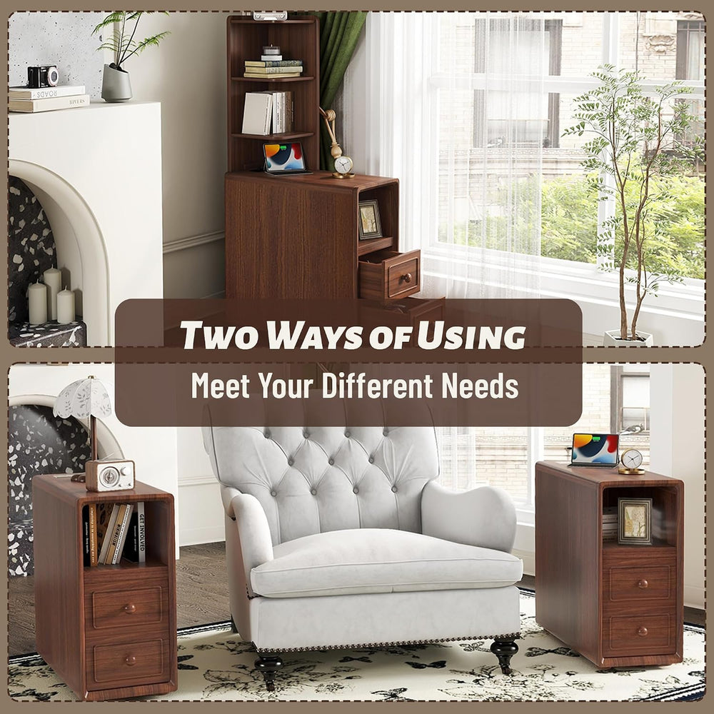 Walnut Corner Tables with Drawers & Open Shelves, Tall & Bedside Nigh...