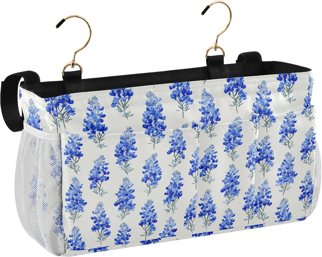 Watercolor Bluebonnets Bedside Caddy for Dorm Bed Bedside Hanging Caddy Bag Iron Frame Storage Organizer Pocket for Bunk Home College Hospital Beds 2 Hooks