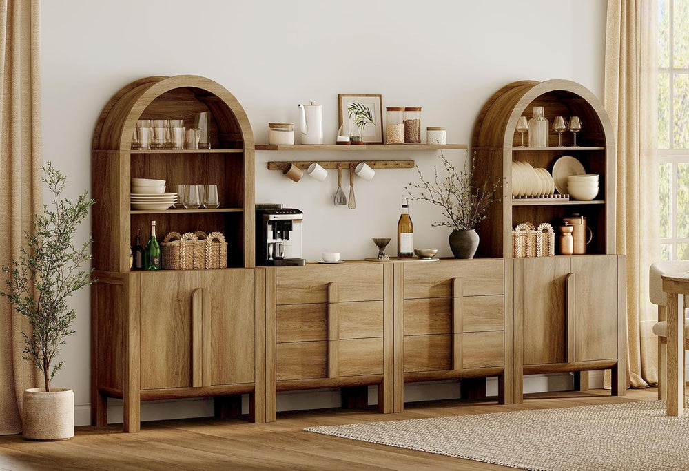 WAMPAT 6 in 1 71" Arched Bookcase with Doors, Walnut