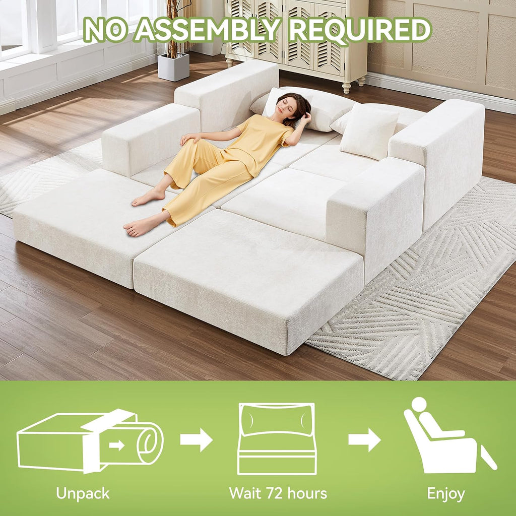 79" Boneless Cloud Loveseat Sofa Couch, Modular Foldable Floor Sofa with Ottoman, Chenille Lounge Convertible Sofa Bed for Living Room, No Assembly, Beige