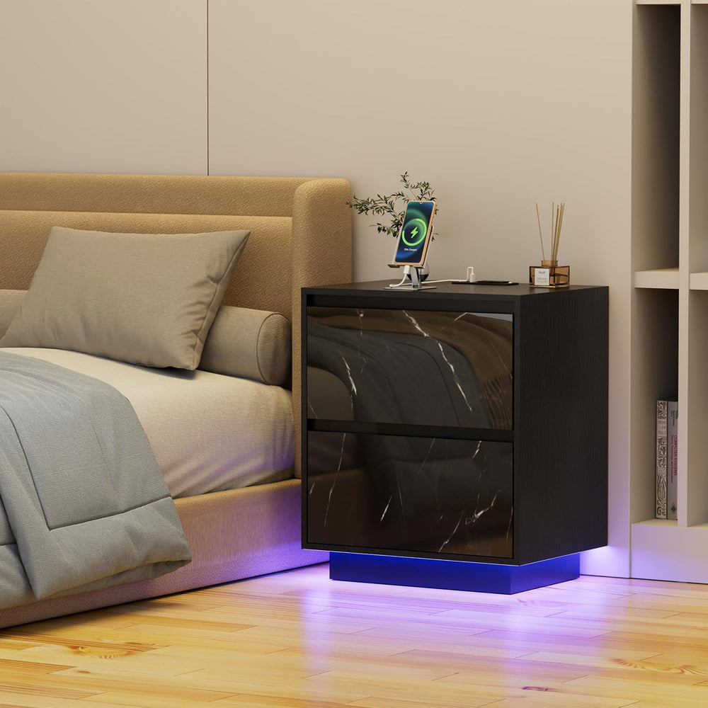 Anbuy LED Nightstand with 2 Drawers & Power Outlets, Nightstand Set of 2 ...