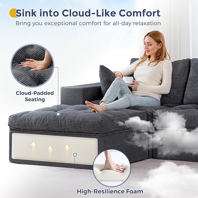 MAXYOYO 132" U Shaped Modular Sectional Sofa with 2 Ottomans, Cloud Boneless Couch with Layered Cushion, Flexible Module Combination Sofa for Living Room, No Assembly Required, Dark Grey
