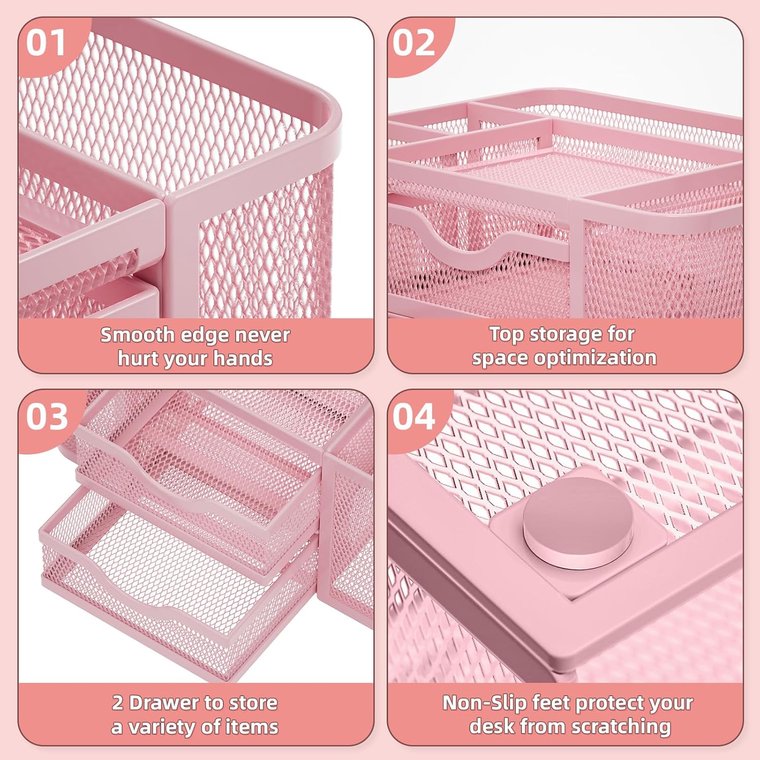 Marbrasse Mesh Desk Organizer, Pen Organizer with 2 Drawer, Multi-Functional Pencil Holder, Desk Organizers and Accessories with 5 Compartments + Drawer for Office Art Supplies (Pink)