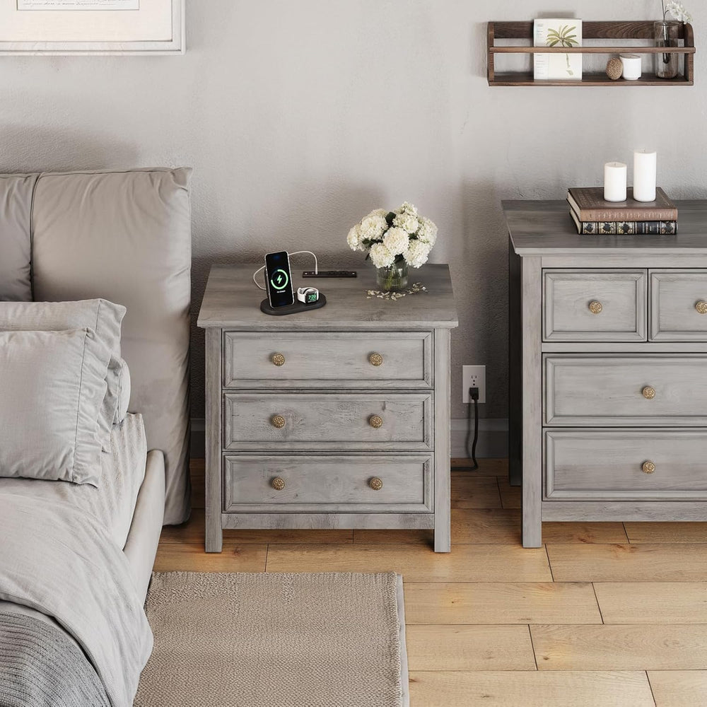 LGHM Set of 2 Large Nightstand with Charger Station, 27" W Night Stand w...