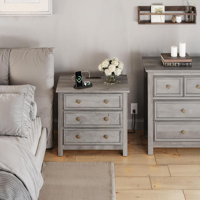 LGHM Set of 2 Large Nightstand with Charger Station, 27" W Night Stand with 3 Large Drawers, Accent Small Dresser Bed Side Table, Stable Thick Wood Legs, Timeless Look,Gray