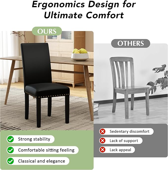 LSSPAID Dining Chairs Set of 2, PU Leather Upholstered Dining Room Chairs with Nailhead Trim and Solid Wood Legs for Home and Kitchen, Black