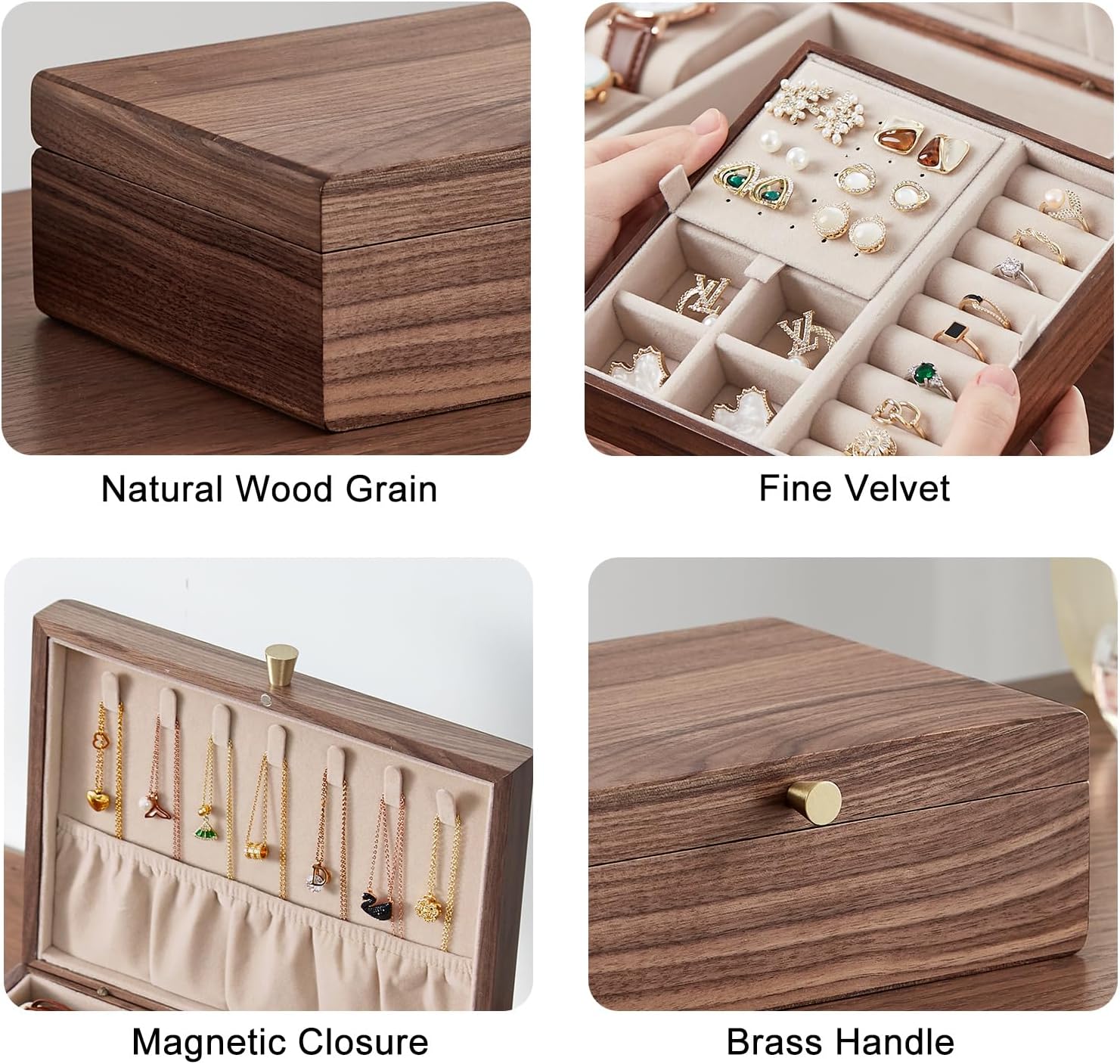 Black Walnut Wooden Jewelry Box for Women 2 Layer Jewelry Organizer with Removable Tray for Watches Rings Earrings Necklace Bracelets Birthday Christmas Gifts