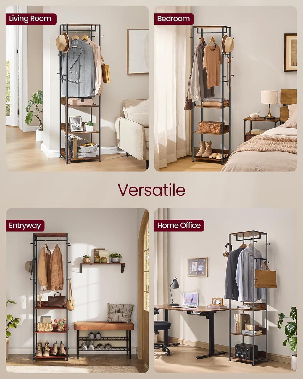 VASAGLE Coat Rack, Freestanding Hall Tree with Shelves, Hanging Rail, and Hooks, Space-Saving Coat Stand, Steel Frame, for Clothing, Bags, Hats, Ink Black and Rustic Brown URCR061BD04