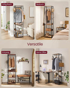VASAGLE Coat Rack, Freestanding Hall Tree with Shelves, Hanging Rail, and Hooks, Space-Saving Coat Stand, Steel Frame, for Clothing, Bags, Hats, Ink Black and Rustic Brown URCR061BD04