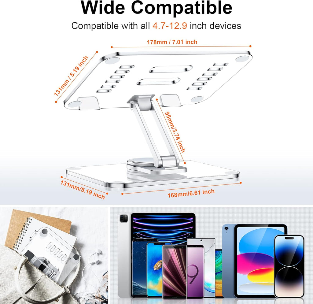 CreaDream Acrylic Tablet Stand Holder with 360 Rotating Base, Foldable Adjustable Transparent Tablet Holder for Desk Home Office, Compatible with iPad Pro Air Mini and More, Clear