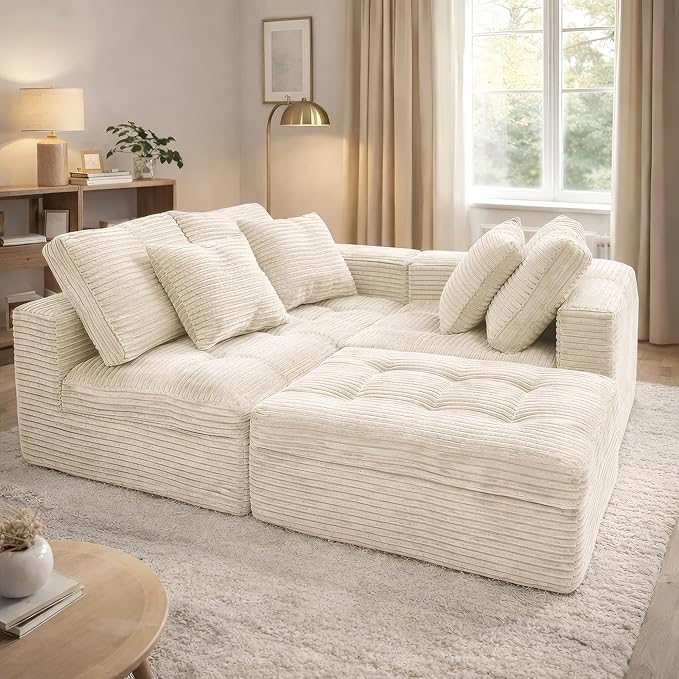 Eafurn 105" L-Shaped Boneless Modular Sectional Sofa with Movable Ottoman, Comfy Corduroy Floor Couch with Deep Seat and Tufted Seat, Flexible Module Combination for Living Room, No Assembly | Deep Seat, Wider Armrest, Free Combination, Tufted