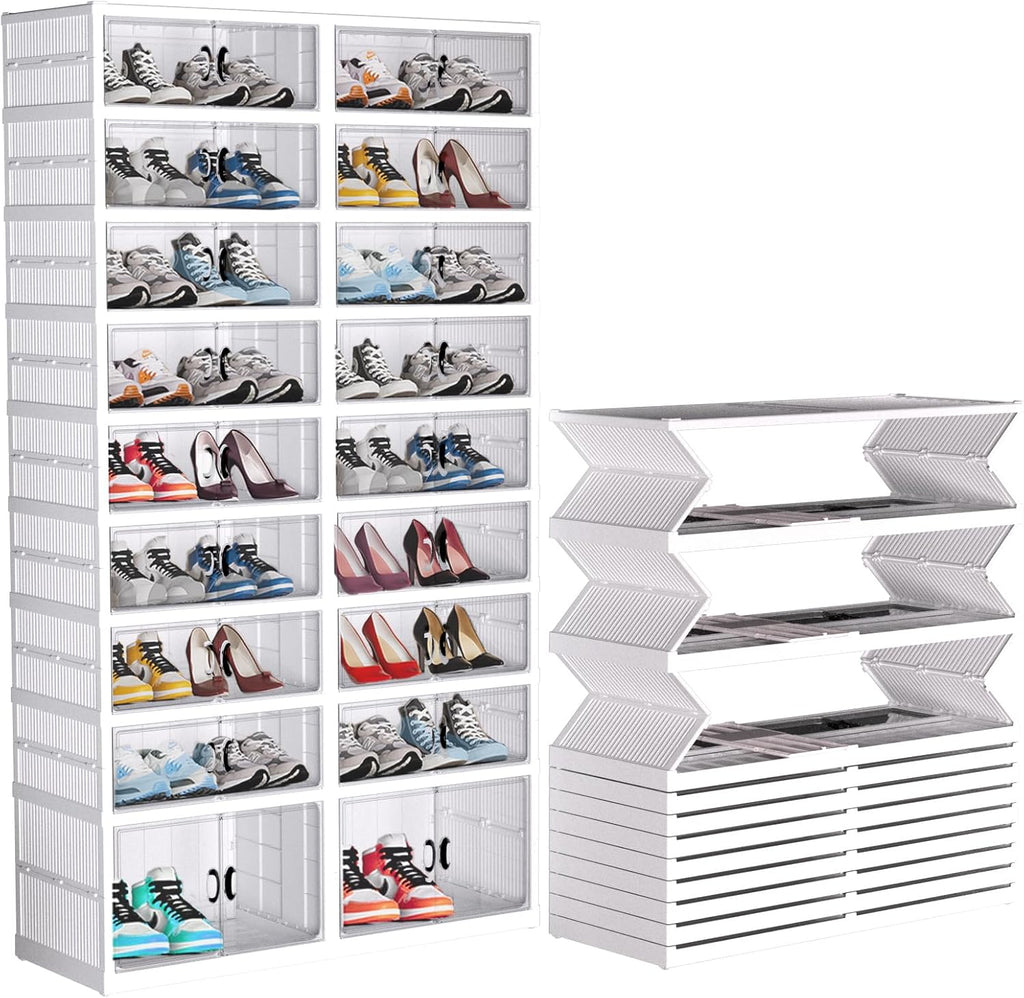 FAHKNS 9 Tier 36 Pair Folding Shoe Rack with Wheels and Magnetic Doors,Stackable Transparent Shoe Cabinet Shoe Organizer Storage for Closet Entryway Bedroom
