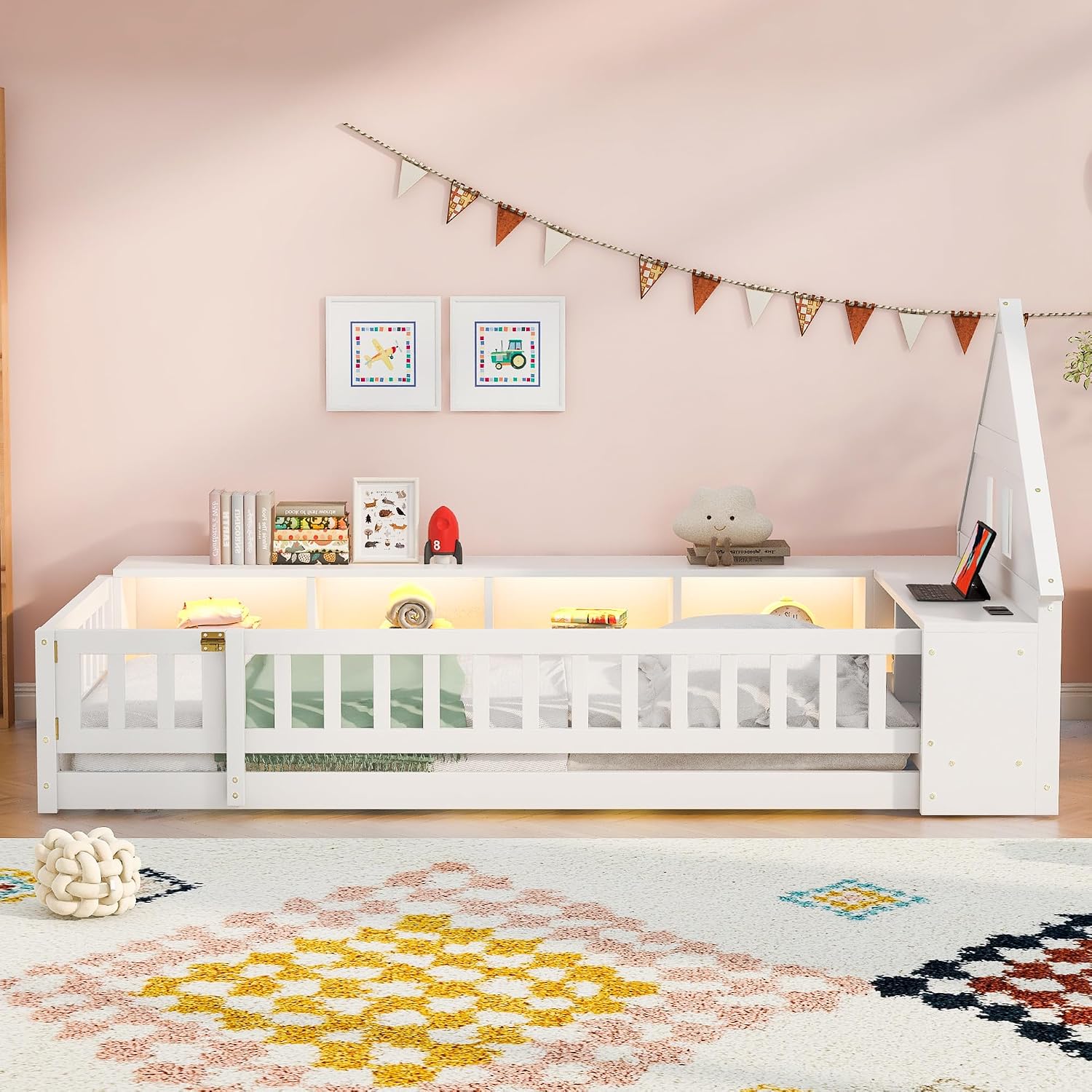 Twin Size Floor Bed with House-Shaped Headboard, Guardrail and Cabinet (White)