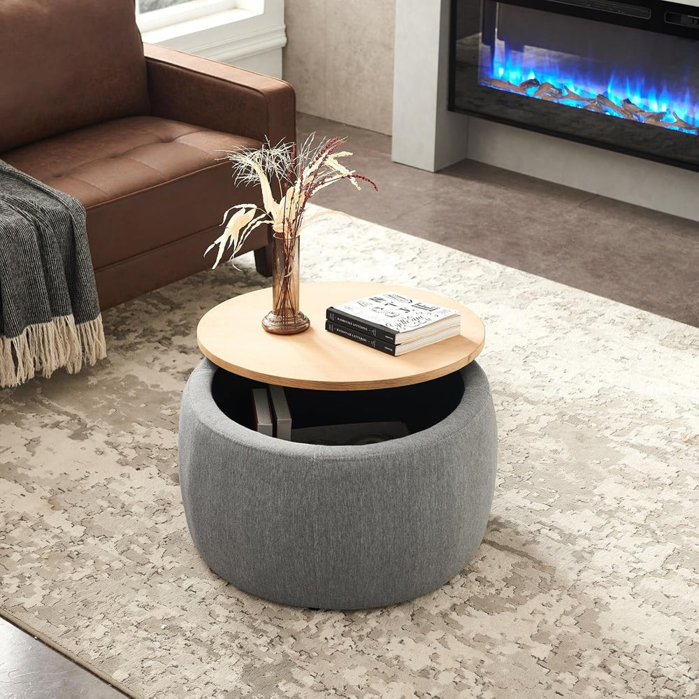 Round Storage Ottoman, 2 in 1 Function, Work as End Table and Ottoman, Dark G...